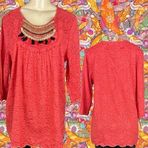 Denim 24/7 12W Orange Embroidered Detail Crew Beaded Fringe 3/4 Sleeve Blouse